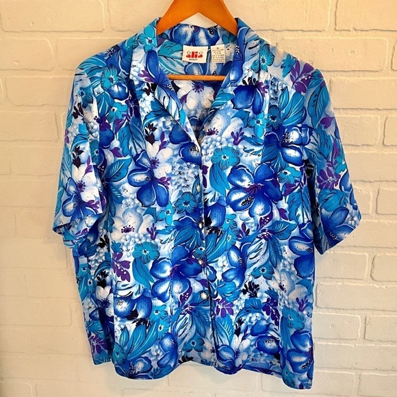 Vintage Button down shirt Floral print Cobalt blue/purple shortsleeve 16 Petite - Picture 2 of 7